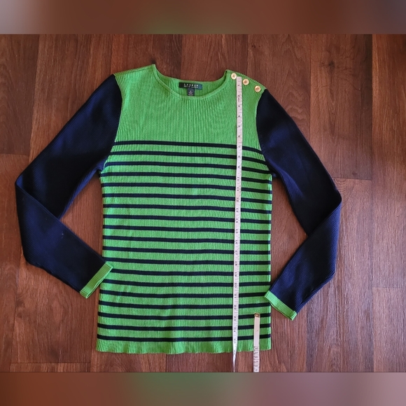 Ralph Lauren button detailed kelly green and navy striped sweater Women's XL - Picture 7 of 7